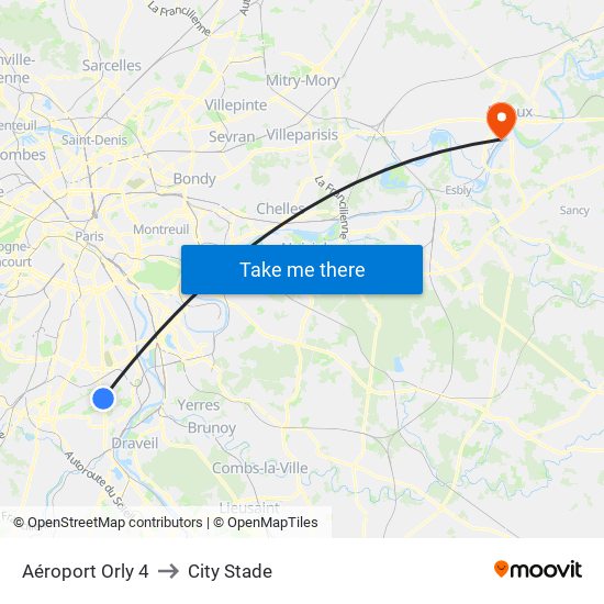 Aéroport Orly 4 to City Stade map