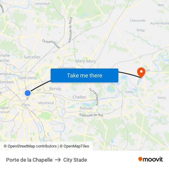 Porte de la Chapelle to City Stade map
