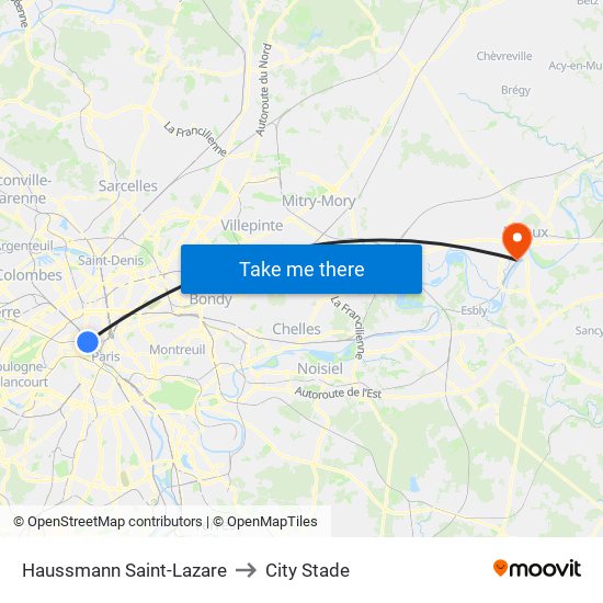 Haussmann Saint-Lazare to City Stade map