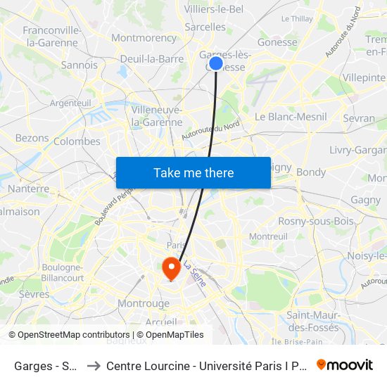 Garges - Sarcelles to Centre Lourcine - Université Paris I Panthéon-Sorbonne map
