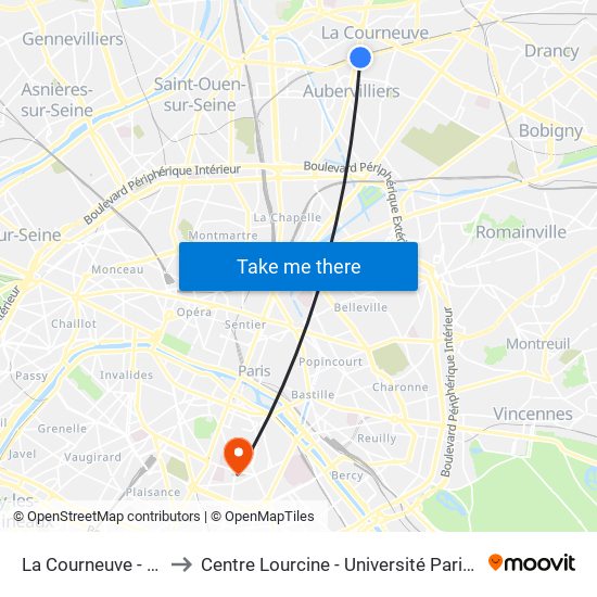 La Courneuve - Aubervilliers to Centre Lourcine - Université Paris I Panthéon-Sorbonne map