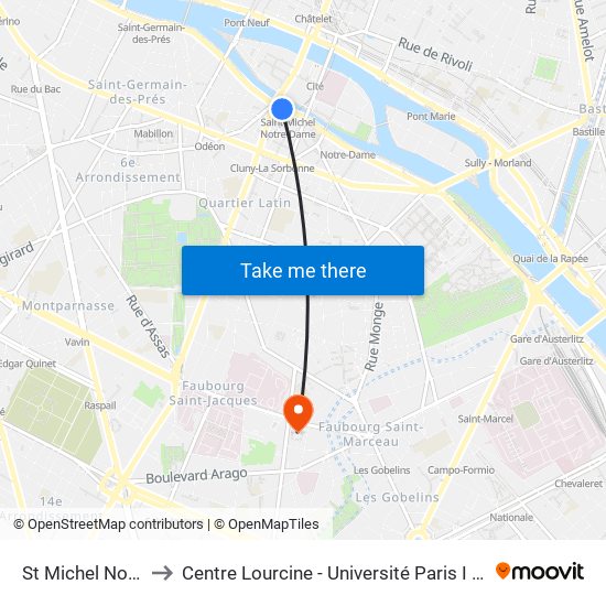St Michel Notre Dame to Centre Lourcine - Université Paris I Panthéon-Sorbonne map