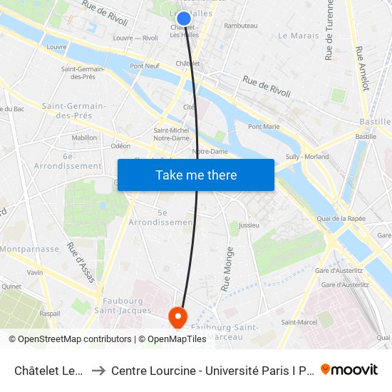 Châtelet Les Halles to Centre Lourcine - Université Paris I Panthéon-Sorbonne map
