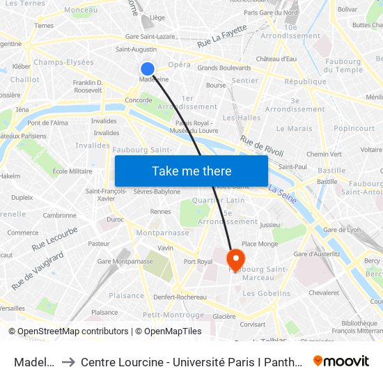 Madeleine to Centre Lourcine - Université Paris I Panthéon-Sorbonne map