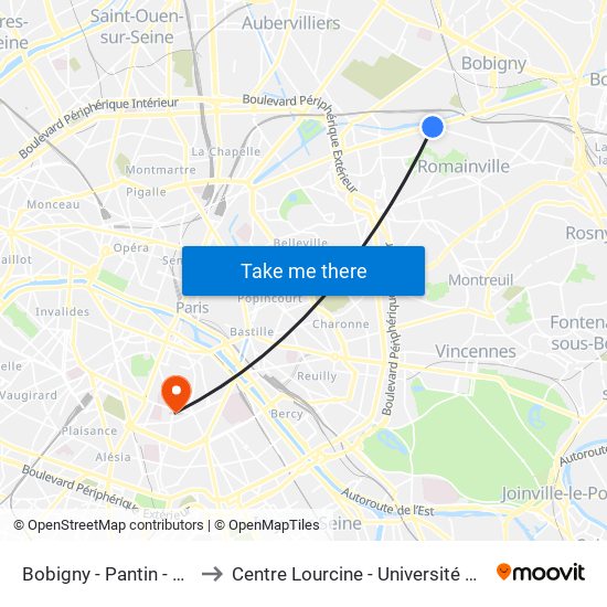 Bobigny - Pantin - Raymond Queneau to Centre Lourcine - Université Paris I Panthéon-Sorbonne map