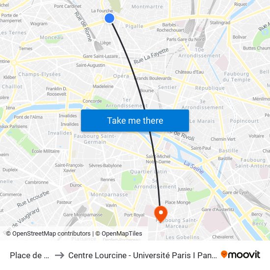 Place de Clichy to Centre Lourcine - Université Paris I Panthéon-Sorbonne map