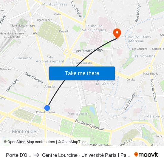 Porte D'Orléans to Centre Lourcine - Université Paris I Panthéon-Sorbonne map