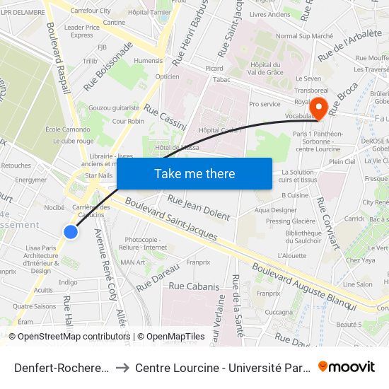 Denfert-Rochereau - Daguerre to Centre Lourcine - Université Paris I Panthéon-Sorbonne map