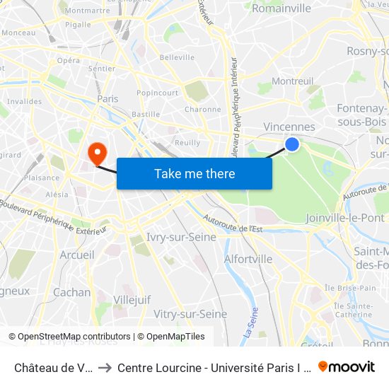 Château de Vincennes to Centre Lourcine - Université Paris I Panthéon-Sorbonne map