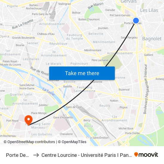Porte Des Lilas to Centre Lourcine - Université Paris I Panthéon-Sorbonne map
