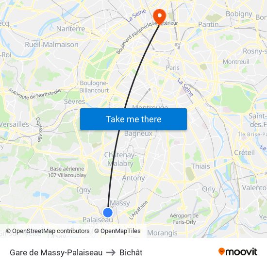 Gare de Massy-Palaiseau to Bichât map