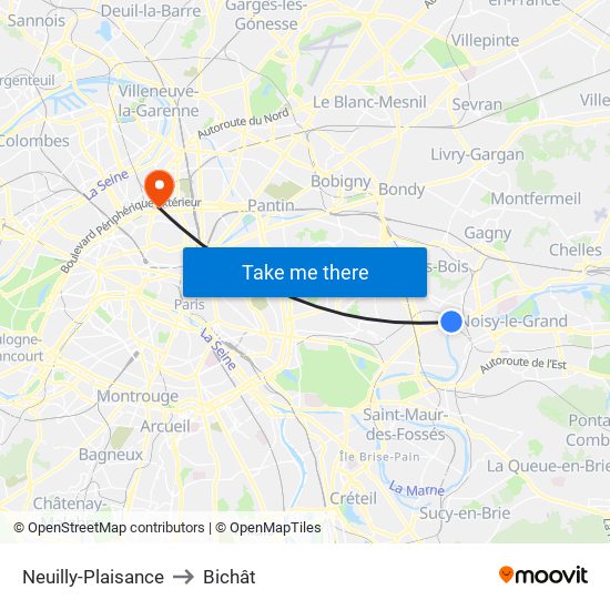 Neuilly-Plaisance to Bichât map