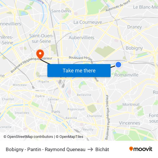 Bobigny - Pantin - Raymond Queneau to Bichât map