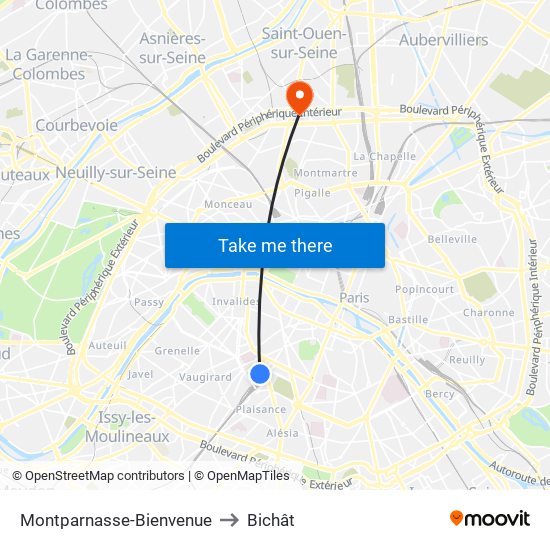 Montparnasse-Bienvenue to Bichât map