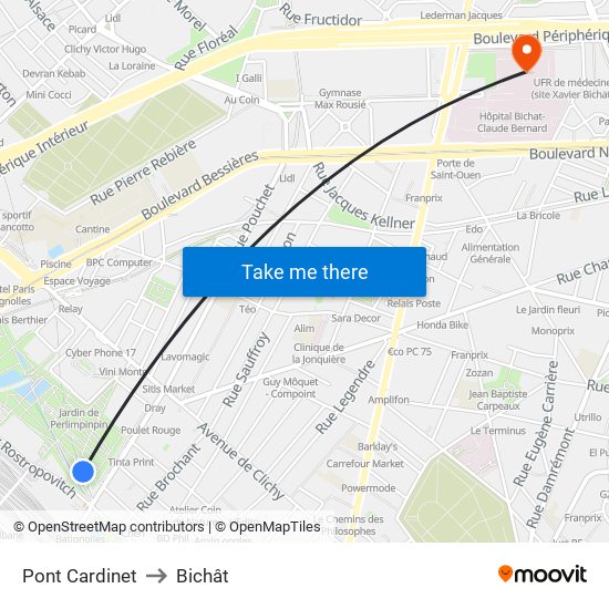 Pont Cardinet to Bichât map