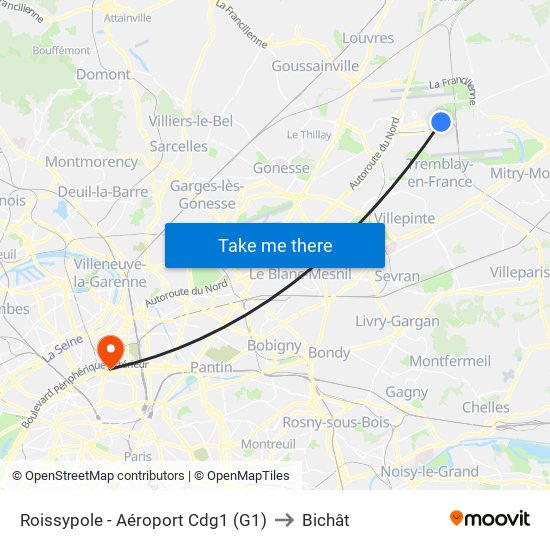 Roissypole - Aéroport Cdg1 (G1) to Bichât map