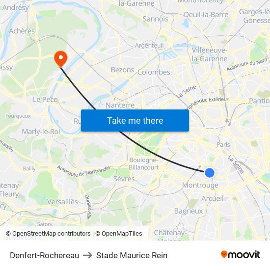 Denfert-Rochereau to Stade Maurice Rein map