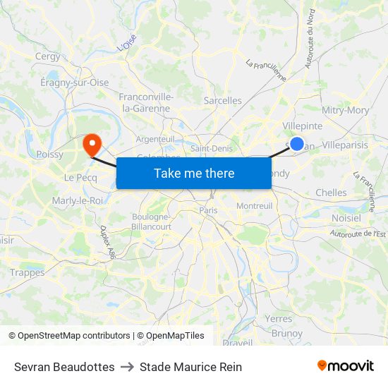 Sevran Beaudottes to Stade Maurice Rein map