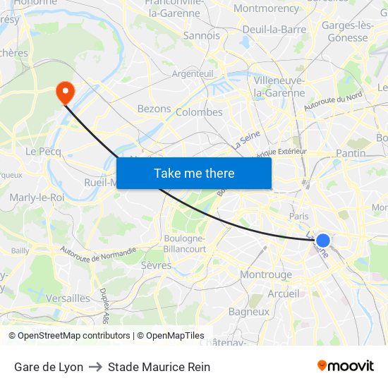 Gare de Lyon to Stade Maurice Rein map