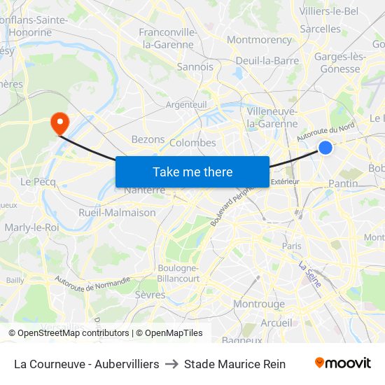 La Courneuve - Aubervilliers to Stade Maurice Rein map