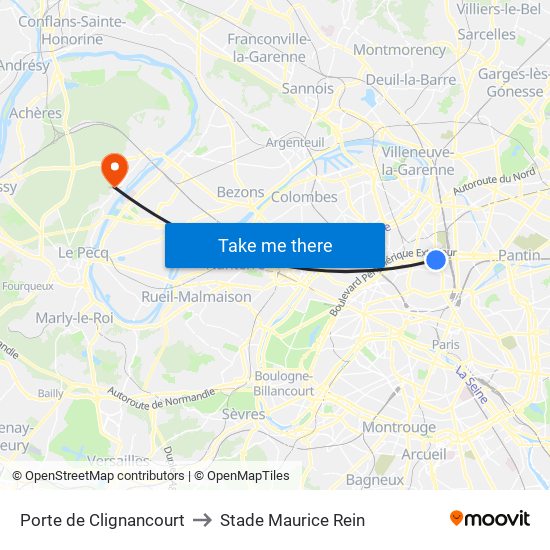 Porte de Clignancourt to Stade Maurice Rein map