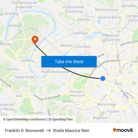 Franklin D. Roosevelt to Stade Maurice Rein map