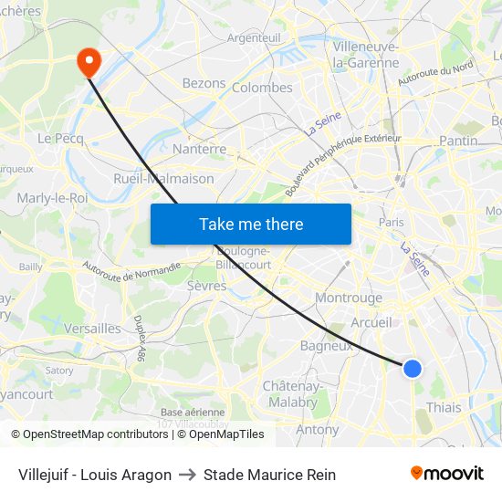 Villejuif - Louis Aragon to Stade Maurice Rein map