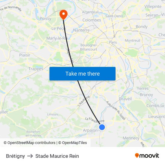 Brétigny to Stade Maurice Rein map