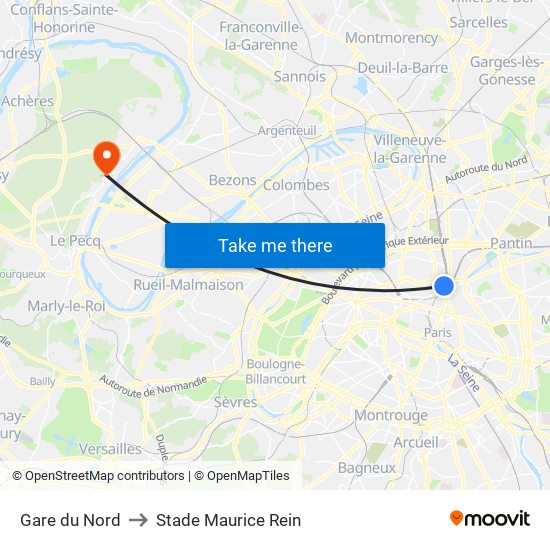 Gare du Nord to Stade Maurice Rein map