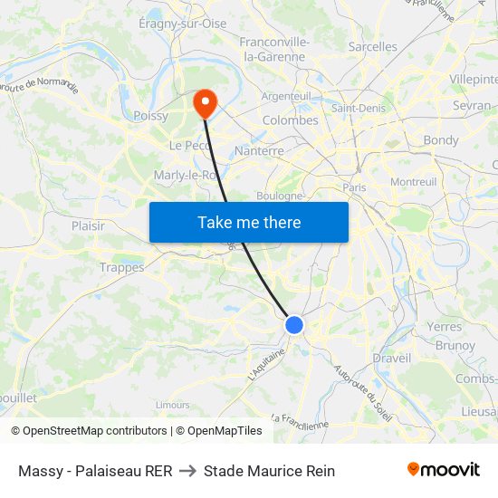 Massy - Palaiseau RER to Stade Maurice Rein map