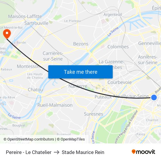 Pereire - Le Chatelier to Stade Maurice Rein map
