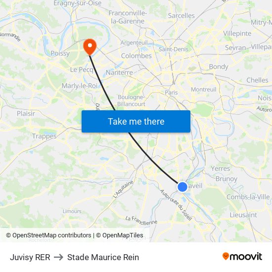 Juvisy RER to Stade Maurice Rein map