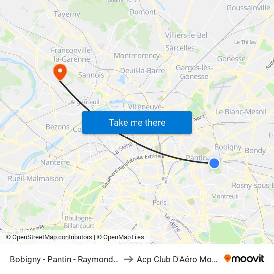 Bobigny - Pantin - Raymond Queneau to Acp Club D'Aéro Modélisme map