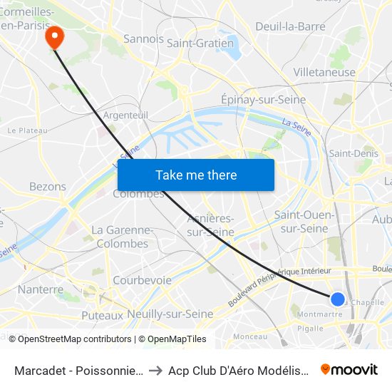 Marcadet - Poissonniers to Acp Club D'Aéro Modélisme map