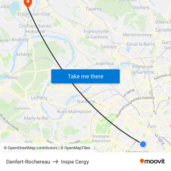 Denfert-Rochereau to Inspe Cergy map