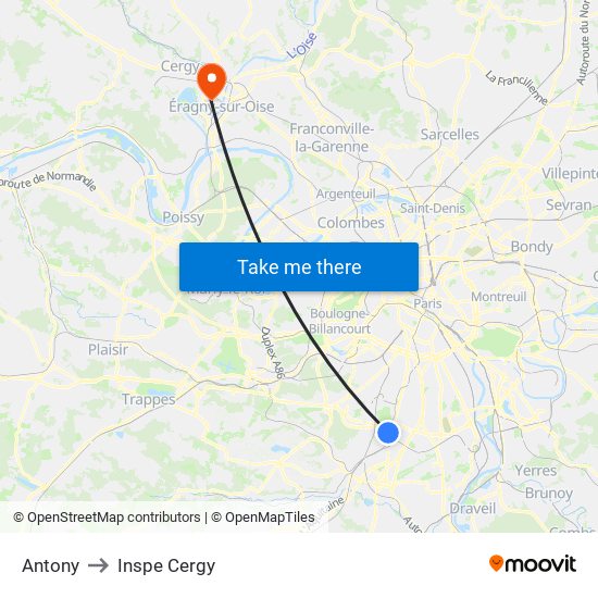 Antony to Inspe Cergy map