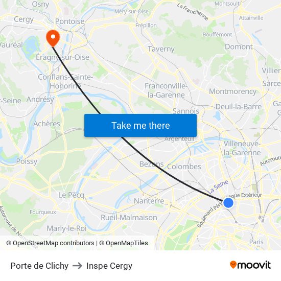Porte de Clichy to Inspe Cergy map