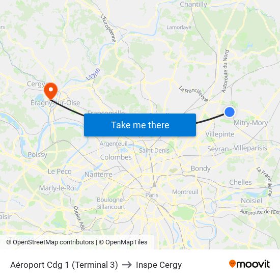 Aéroport Cdg 1 (Terminal 3) to Inspe Cergy map