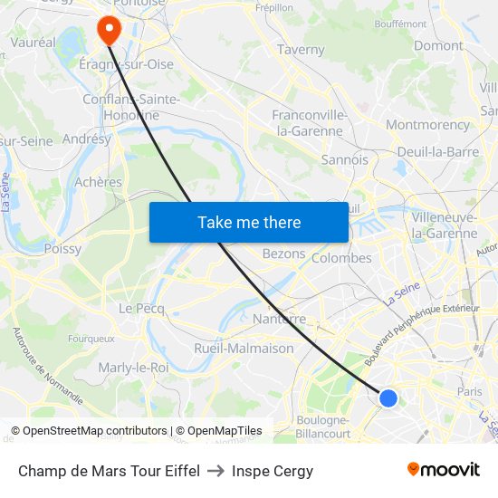 Champ de Mars Tour Eiffel to Inspe Cergy map