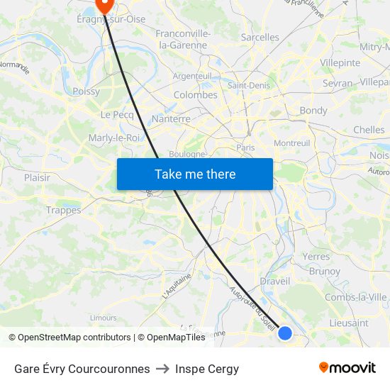Gare Évry Courcouronnes to Inspe Cergy map