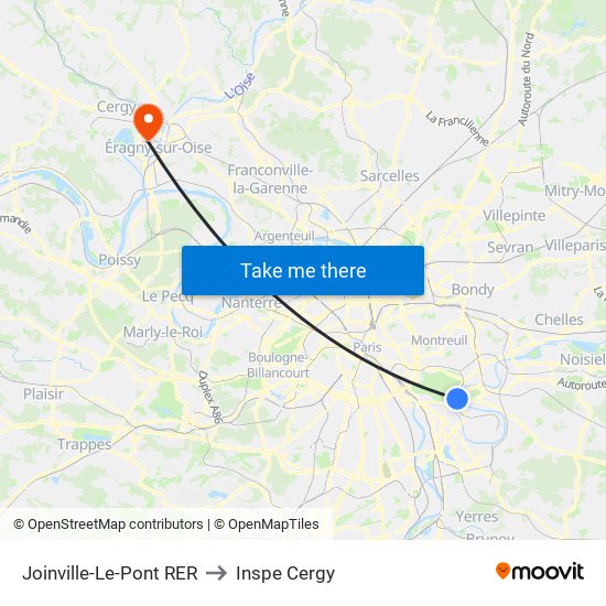Joinville-Le-Pont RER to Inspe Cergy map