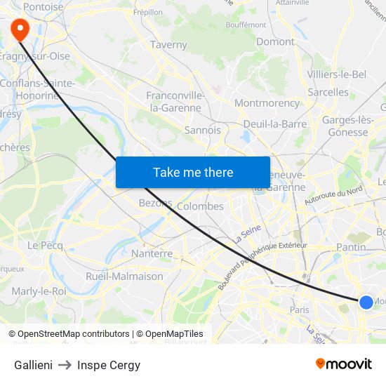 Gallieni to Inspe Cergy map