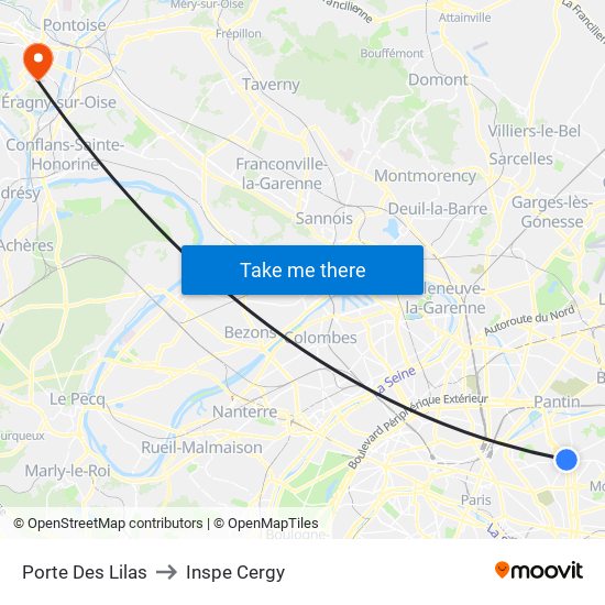 Porte Des Lilas to Inspe Cergy map