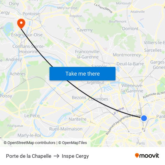 Porte de la Chapelle to Inspe Cergy map