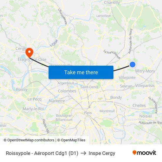 Roissypole - Aéroport Cdg1 (D1) to Inspe Cergy map