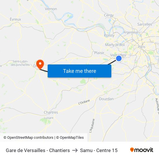 Gare de Versailles - Chantiers to Samu - Centre 15 map