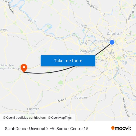 Saint-Denis - Université to Samu - Centre 15 map