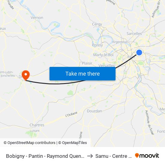 Bobigny - Pantin - Raymond Queneau to Samu - Centre 15 map