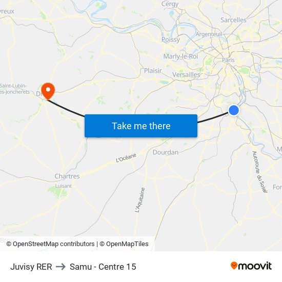 Juvisy RER to Samu - Centre 15 map