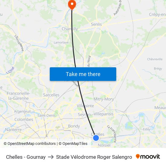 Chelles - Gournay to Stade Vélodrome Roger Salengro map